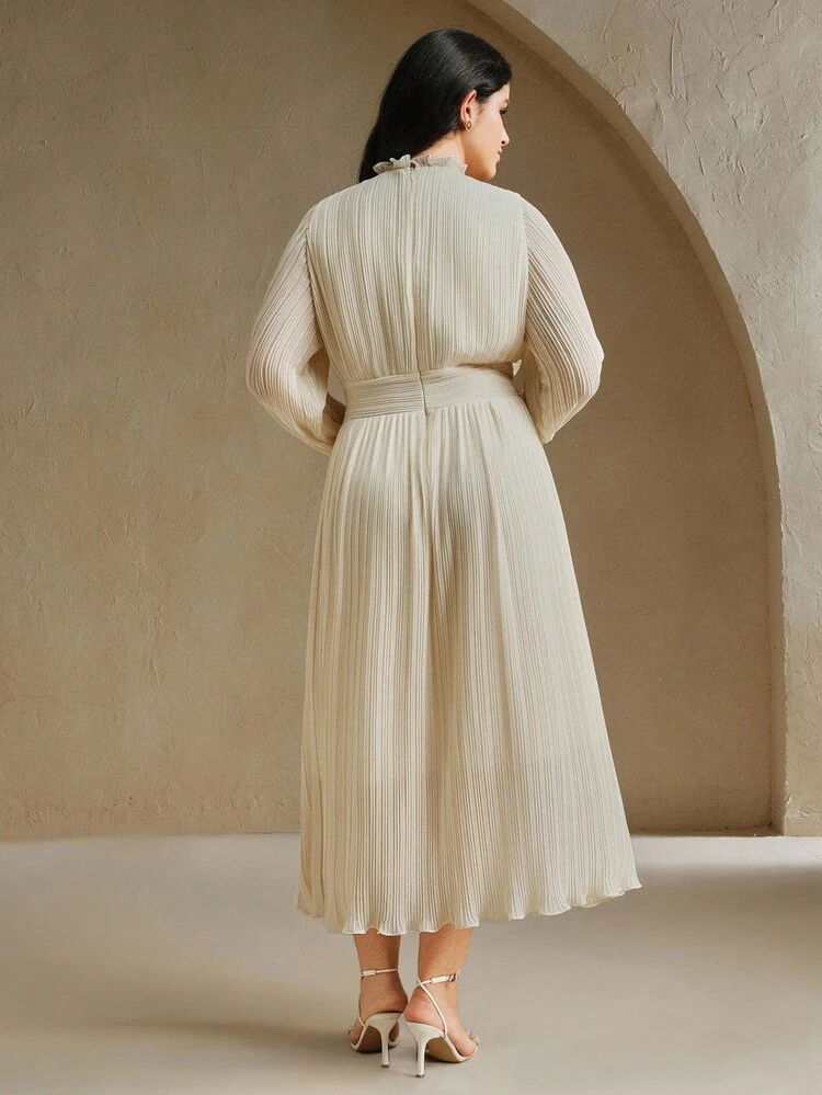 Plus Size Women's Long Elegant Beaded Evening Gown Dress, Apricot Color