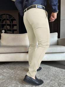 Calvornis Men's Solid Color Casual Business Travel Tapered Leg Suit Pants, Formal Formal, Ceremony - Beige - View 2
