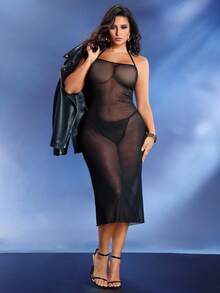 SHEIN 加大码性感内衣连衣裙，透视、网眼拼接、镂空、交叉肩带、系带设计 - 黑色 - 查看 2