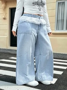 Rivivi Women's Lace Patchwork Waist Wide Leg Loose Maxi Pants - Light Wash - View 6