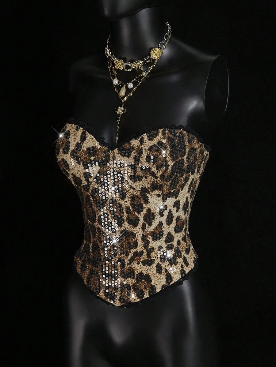 SHEIN ICON Sequin Leopard Print Lace Trim Bandeau Crop Top For Women,Leopard Print Top - Brown - View 1