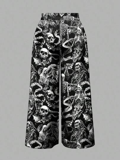 Goth Pantalones anchos y sueltos con estampado de serpiente gótico de talla grande para Halloween, con impresión total de horror lamentable
