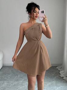Elenzga Striped Asymmetric Collar Waist Twist Patchwork Asymmetrical A-Line Dress For Women - Multicolor - View 6