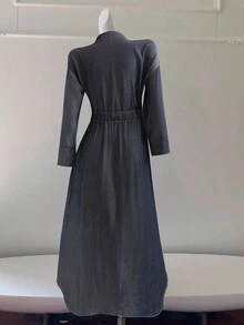 Franclia Elegant & Chic Denim Effect Commuter Versatile Dress - Blue - View 2