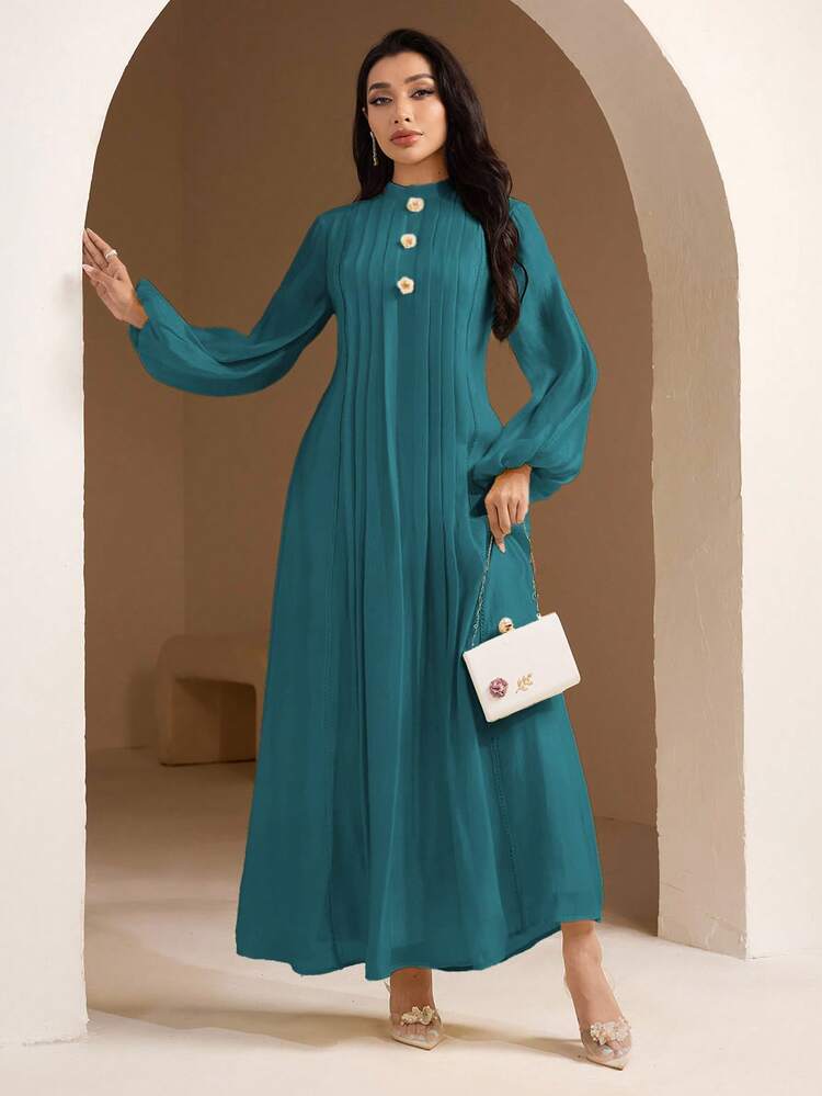 Veilorie Women's Elegant Floral Decor Stand Collar Lantern Sleeve Pleated Dress - Teal Blue - View 3