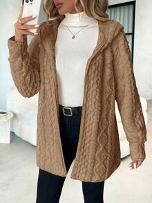 SHEIN Clasi 女士休闲拉链连帽纹理羊毛夹克 - 棕色 - 查看 3