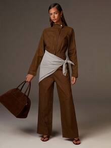 Athîral 女士巧克力棕色牛仔阔腿连体裤 | 挺括弹力牛仔面料，宽松版型，高领设计，长袖，松紧腰带，中缝细节，实用侧袋，简约实用风格，适合春秋穿着。女士棕色立领牛仔连体工装裤，商务休闲女装，日常休闲穿着，女士冬季服装，新年服装，棕色系女装 - 棕色 - 查看 2