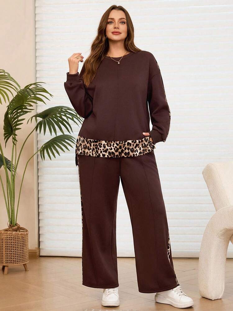 2 Pieces Casual Set Women Plus Size Women Winter  Fuzzy Inside Leopard Patchwork Thermal Lined Round Neck Hoodie Top And Pants Set With Pockets,Women Brown Leopard Print Set Autumn/Winter,Going Out Outfits,2025 New Clothes,Fall Clothes For Women, Women Brown Two Pieces Set, Brown Set Women, 2 Piece Lounge Sets Woman,Simple And Fashionable For Everyday Wear