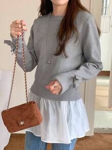 Livesso Solid Color Fitted Long Sleeve Bow Crew Neck Casual Sweater For Women, Autumn - Grey - View 4