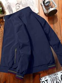 Manfinity Homme Herren Langarm Lässig Stehkragen Reißverschluss Windjacke für Outdoor mit schrägen Taschen, umkehrbar, marineblau, Fliegerjacke, umkehrbare Jacke, leichte Jacke, Herbst