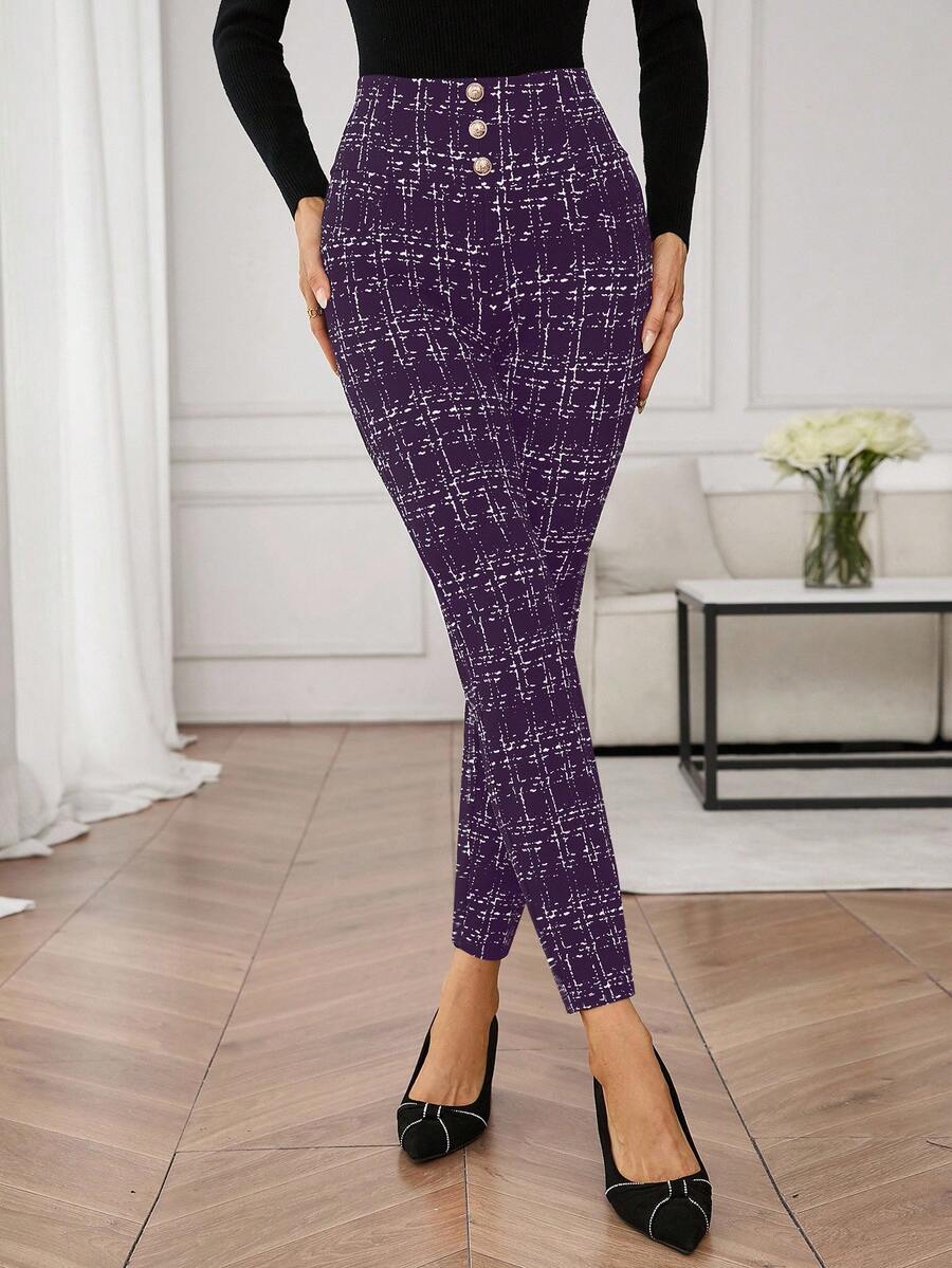 SHEIN Clasi Plaid Metal Buckle High Waist Skinny Pants - Purple - View 1