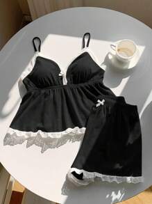 SHEIN EZwear Bộ đồ nữ cỡ lớn gồm áo hai dây và quần short ren phối màu đen. - màu đen - Xem 7