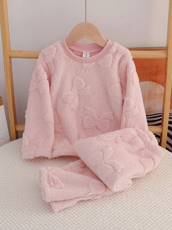Genkimix Kids 2pcs/Set Young Girl' Cute Casual Comfortable Knit Round Neck Fluffy Pink Long Sleeve Top And Pants Pajama Set With Bow Design Winter Pajama Set Girls Fall