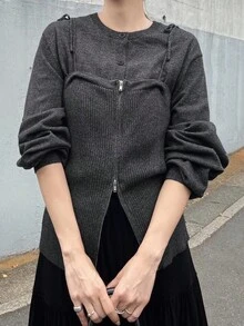 Women's Round Neck 2 In 1 Camisole With Bowknot Decor, Front Zipper Decoration, Solid Color Urban Sweater Fall - Black - View 1