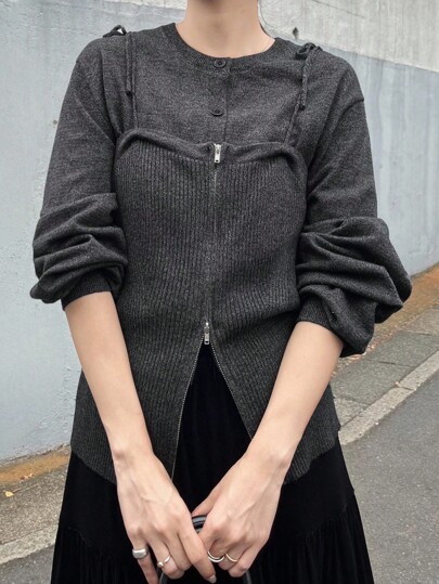 FRIFUL Women's Round Neck 2 In 1 Camisole With Bowknot Decor, Front Zipper Decoration, Solid Color Urban Sweater Fall