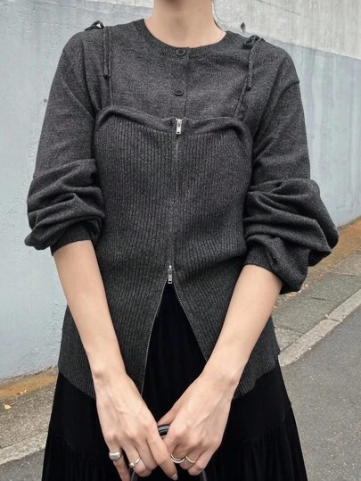 FRIFUL 女士圆领二合一吊带背心，蝴蝶结装饰，正面拉链装饰，纯色都市毛衣秋季