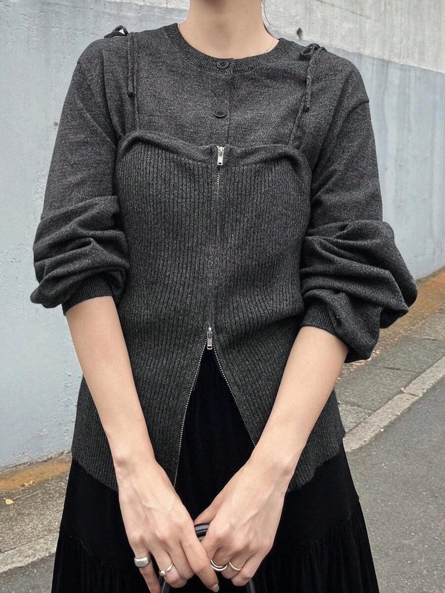 Women's Round Neck 2 In 1 Camisole With Bowknot Decor, Front Zipper Decoration, Solid Color Urban Sweater Fall - Black - View 1