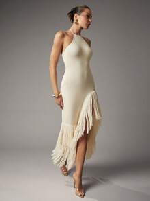 Hauture Vestido de verano sexy y bohemio para vacaciones con escote halter, espalda descubierta, flecos y abertura en el bajo - Albaricoque - Ver 3