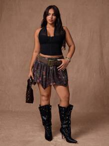 Rustia 复古休闲女式低腰波西米亚风荷叶边不对称佩斯利印花迷你裙/短裤 - 彩色 - 查看 6