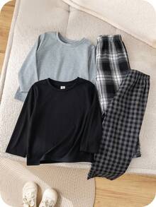 SHEIN 儿童/男孩 4 件套简约纯色圆领长袖 T 恤和格子图案宽松裤睡衣套装，柔软舒适的休闲家居服，适合所有季节 - 彩色 - 查看 8