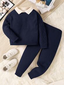 SHEIN 2 件套年轻男孩休闲学院风舒适时尚简约实用百搭柔软舒适宽松 Polo 衫套装适合生日派对、聚会、表演适合儿童服装年轻男孩衣服学校返校男孩套装日常适合上学适合旅行适合运动适合秋冬季 - 藏蓝色 - 查看 2