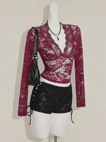 SHEIN ICON Women's Burgundy Lace Hippie Sheer Low-Cut V-Neck Long Flare Sleeve Top - Burgundy - View 5