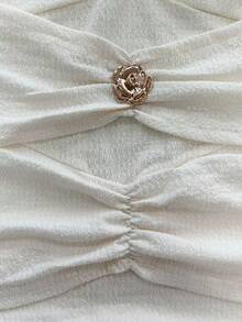 Elenzga 优雅精致时尚夏季露肩褶饰金属扣装饰中长款修身鱼尾下摆针织连衣裙 - 杏色 - 查看 6