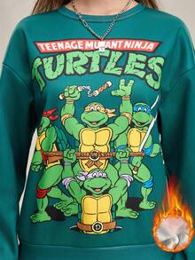 TEENAGE MUTANT NINJA TURTLES | SHEIN Winter, Cartoon Pattern Green Warm Loose Sweatshirt, Christmas Sweatshirt, Fuzzy Fabric, Velvet Fabric, Cartoon Pattern Printing, Casual, Festive