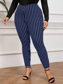 SHEIN Privé Quần dài sọc cổ điển thanh lịch ôm sát eo chữ V cỡ lớn dành cho giáo viên, thích hợp khi đi làm, uống trà chiều, đi chơi bình thường, trở lại trường - Xanh và trắng - Xem 4