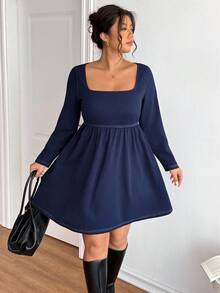 Lounesse Đầm thiết kế buộc lưng cổ vuông màu xanh navy cỡ lớn cho nữ, thời trang mặc hàng ngày - Màu xanh hải quân - Xem 4