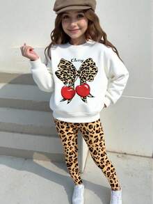 2件套女童加厚抓绒圆领卫衣和打底裤套装，印花T恤，冬季服装，秋季时尚连帽衫，猫咪爱心图案