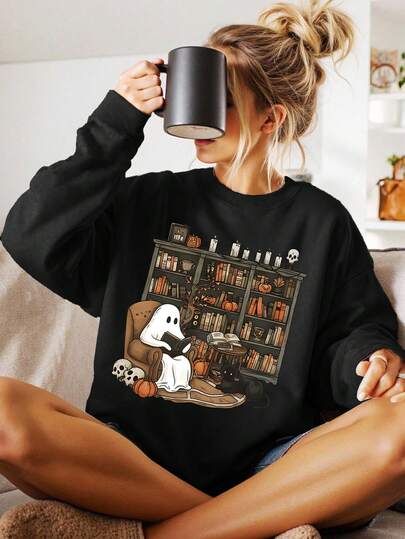 EMERY ROSE Retro Ghost Reading Sweatshirt, Librarian Ghost Halloween Sweatshirt, Halloween Teacher Sweatshirt, Halloween Bookish Shirt, Ghost Book Shirt, Plus Size Women's Round Neck Sweatshirt Fall Cloth For Women Winter Autumn