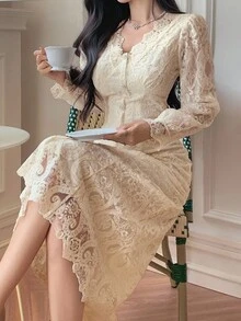 DAZY French Lace Long Sleeve Dress, New Slim Fit Elegant Elegant Casual Dress - Apricot - View 7