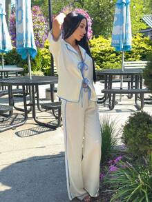 Carolina Barros Kontrast Saum Bindedetail Oversized Leinenoptik Hemd und Hose Sommer Urlaub Boho Ibiza Elegant Süß Haus Flughafen Outfit Herbst Nashville Süß Girly - Weiss - Übersicht 2