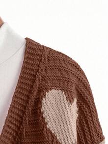 Tween Girls Knitted Cardigan,Brown Heart Color Block Long Sleeve Sweater Top,Cute Autumn Sunday Back-To-School Style,Casual Daily Wear Fall Winter - Multicolor - View 3