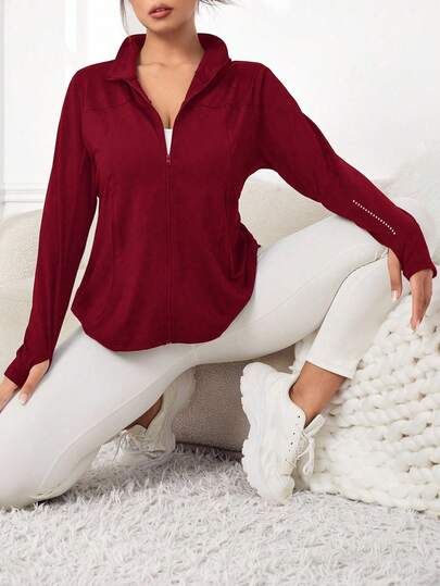 SHEIN Rhythm Era جاكيت رياضية للنساء ذوات الحجم الكبير، لون أحادي، طوق منقلب، سحاب، أكمام طويلة، فتحة إبهام