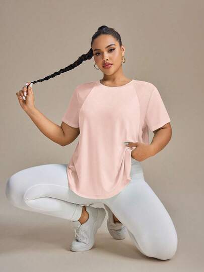 SHEIN Rhythm Era 女式纯色圆领短袖休闲健身运动T恤加大码运动上衣加大码运动T恤女式超大码运动上衣女式宽松运动上衣女式加大码健身房T恤女式运动T恤