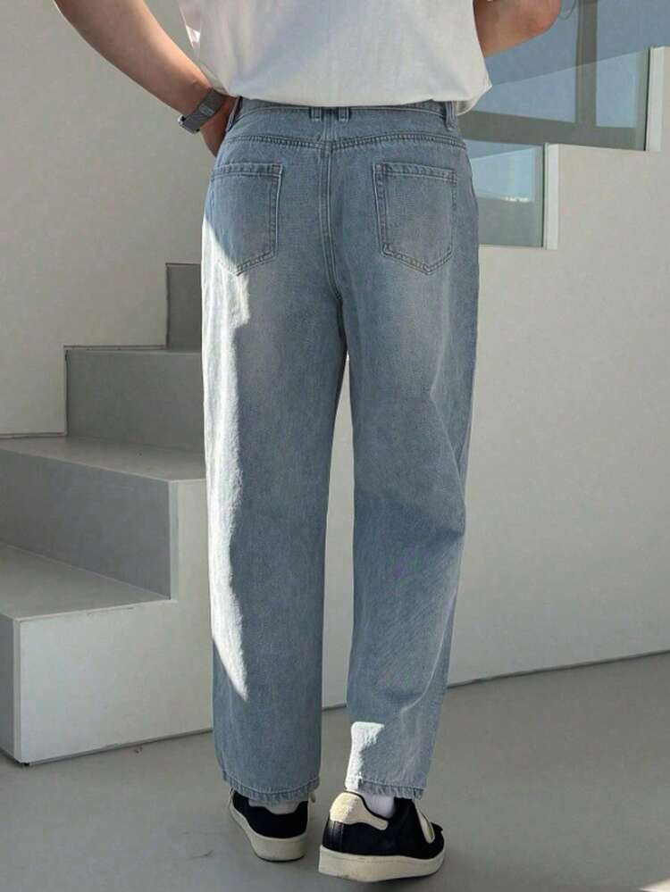 Plain Blue Men's Casual Denim Jeans, Simple & Fashion, Suitable For Everyday Wear In Autumn