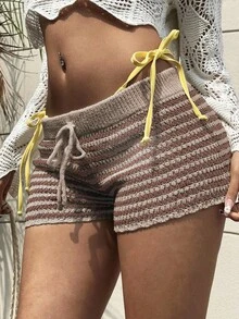 SHEIN Unity Women's Casual Vintage Waist Tie Striped Knit Shorts - Multicolor - View 3
