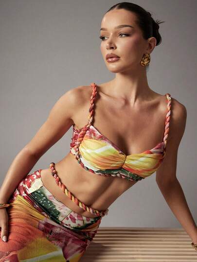 Hauture Top donna sexy con stampa floreale e frutta, dettagli intrecciati, stile boho ibizenca, adatto per vacanze