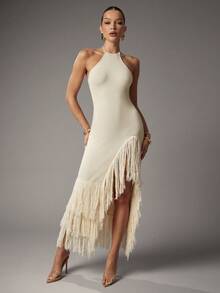 Hauture Vestido de verano sexy y bohemio para vacaciones con escote halter, espalda descubierta, flecos y abertura en el bajo - Albaricoque - Ver 1