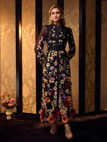 MOTF PREMIUM MESH EMBROIDERY FLORAL PATTERN LANTERN SLEEVE BUCKLE BELTED LONG DRESS - Black - View 5