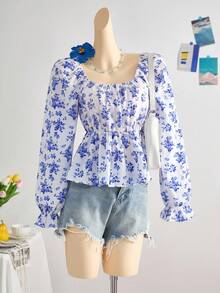 少女休闲碎花束腰泡泡袖后背蝴蝶结装饰衬衫，春夏荷叶边上衣/度假/节日/复古/沙滩/大海/优雅/连衣裙/波西米亚/波西米亚风服装，秋冬内衣 - 藍白色 - 查看 1
