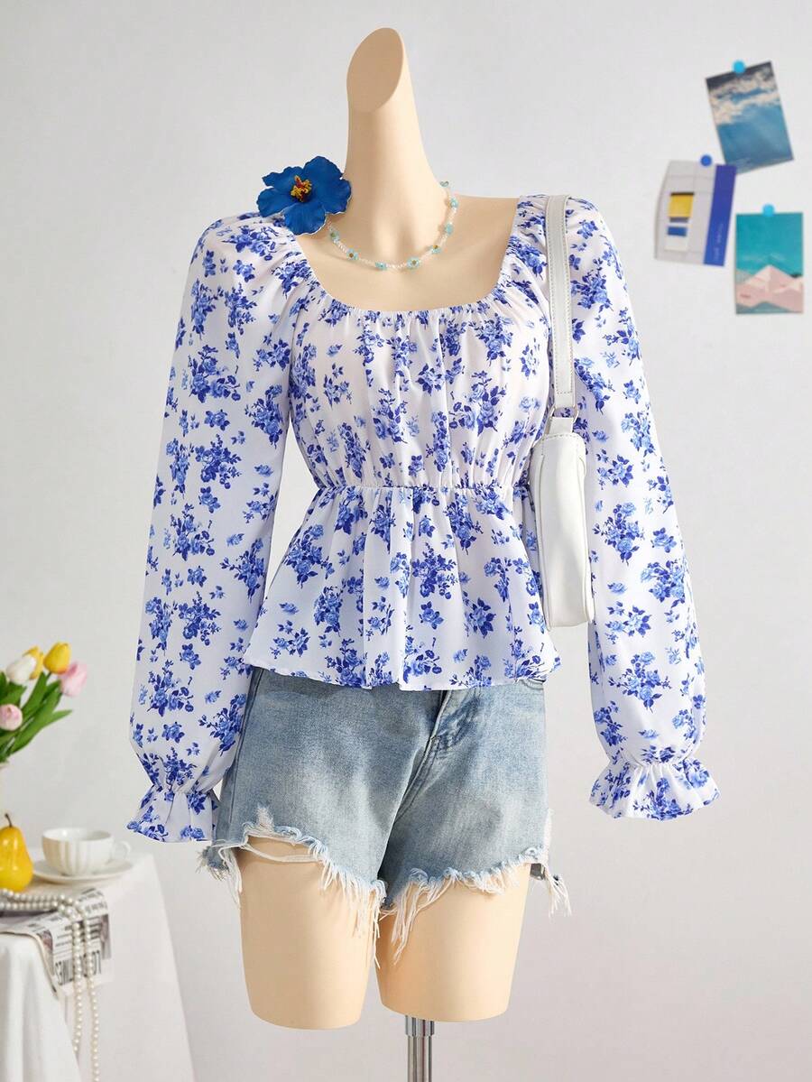 少女休闲碎花束腰泡泡袖后背蝴蝶结装饰衬衫，春夏荷叶边上衣/度假/节日/复古/沙滩/大海/优雅/连衣裙/波西米亚/波西米亚风服装，秋冬内衣 - 藍白色 - 查看 1