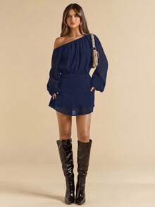 SHEIN BAE Black Chiffon Asymmetric Neck Loose Lantern Sleeve Short Mini Dress For Women, Vacation Chiffon Dress