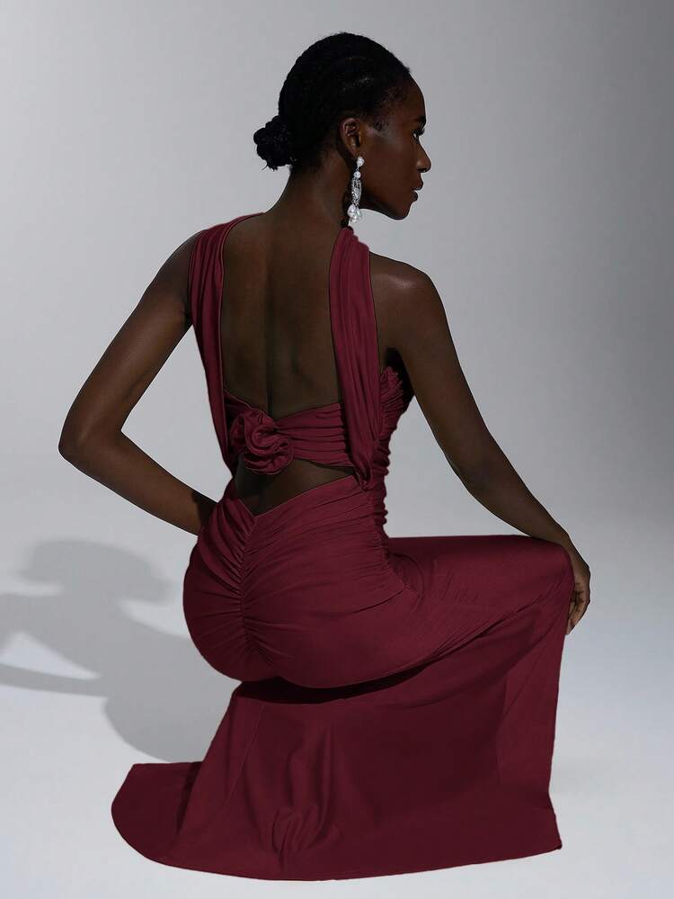 SHEIN Belle Elegant, Romantic, Sexy, Minimalist, Light Yellow Knit Elastic Strapless Backless Bodycon Dress, Fashionable, Influencer Style, Suitable For Holidays, Parties, Weddings, Bridesmaid - Burgundy - View 4