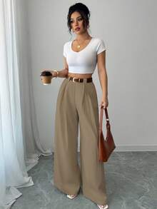 SHEIN PETITE Fashionable Versatile Solid Color Wide Leg Pants Fall Cloth For Women - Khaki - View 5