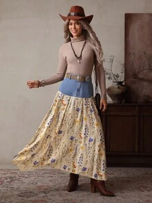 EMERY ROSE Minifalda de mezclilla con estampado floral y parches casual para mujer - Azul - Ver 5