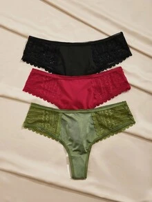 Charlaine 3pcs Women's Comfortable Breathable Solid Color Contrast Lace Panties