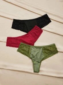 Charlaine 3pcs Women's Comfortable Breathable Solid Color Contrast Lace Panties